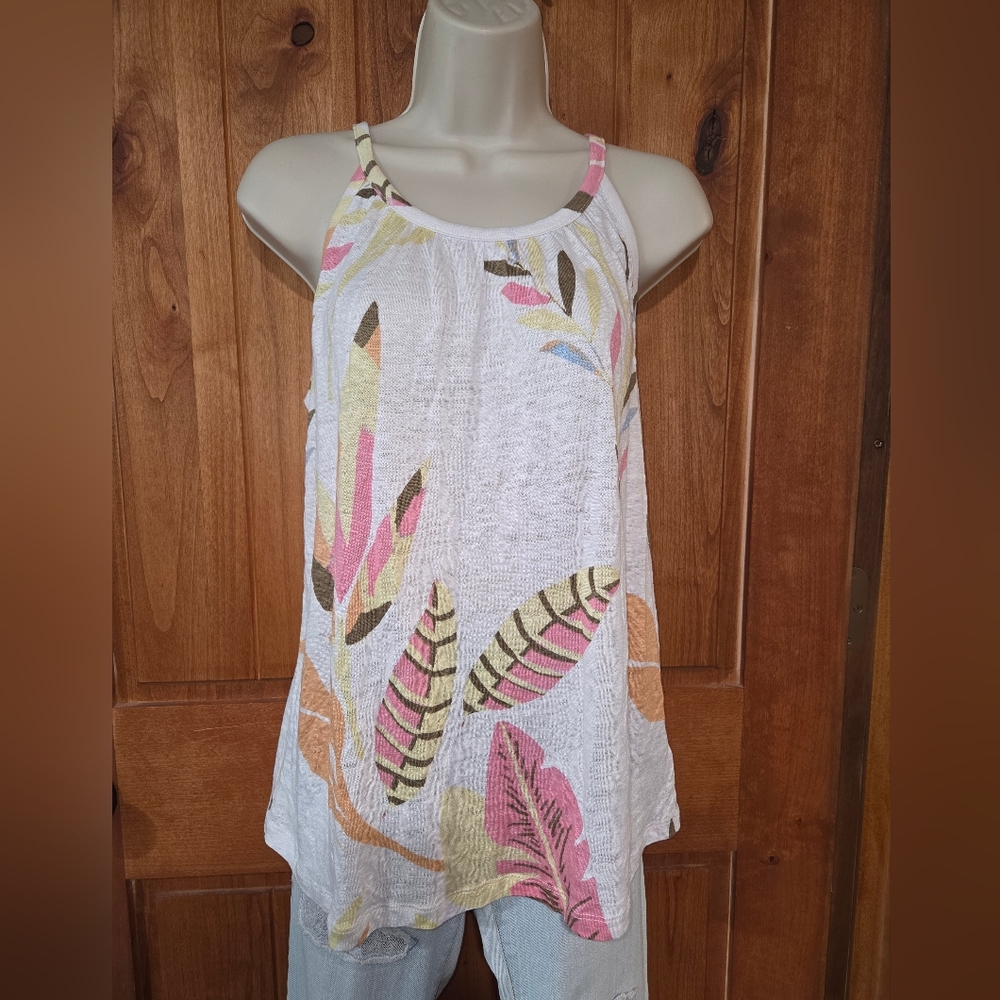 Cynthia Rowley White Multicolor Linen Leaf Print Tank Top